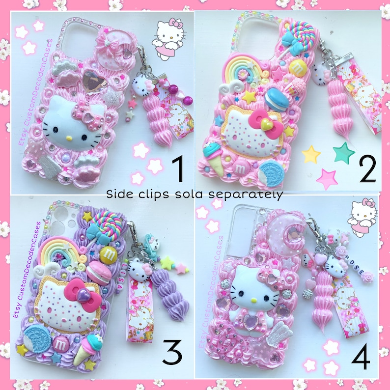 Może przedstawiać: Cztery r&oacute;żowe i białe etui na telefon Hello Kitty z r&oacute;żnymi wzorami. Każde etui ma inny zawieszkę. Zawieszki są wykonane z r&oacute;żnych materiał&oacute;w, w tym plastiku, metalu i tkaniny. Etui są ozdobione kryształkami, brokatem i innymi ozdobami. Tekst "Etsy Custom DecodenCases" jest widoczny na etui.