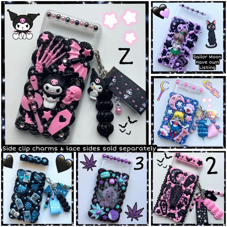May include: Three different phone cases decorated with various characters and designs. The first case features a black and pink design with a skull, a heart, and a Hello Kitty character. The second case features a blue and white design with a Sailor Moon character and a crescent moon. The third case features a black and pink design with a Hello Kitty character and a cross.