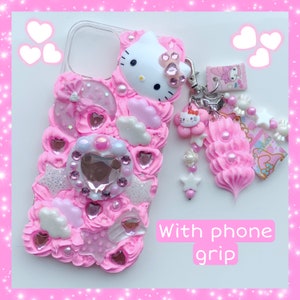 kitty custom decoden phone case cute kawaii cat phone cover accessory for Apple iPhone and Samsung junk case with pink heart phone stand