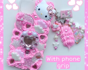 kitty custom decoden phone case cute kawaii cat phone cover accessory for Apple iPhone and Samsung junk case with pink heart phone stand