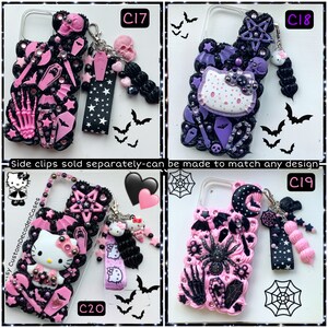 Peut inclure: Quatre &eacute;tuis de t&eacute;l&eacute;phone diff&eacute;rents d&eacute;cor&eacute;s dans un sch&eacute;ma de couleurs rose et noir. Chaque &eacute;tui pr&eacute;sente un personnage Hello Kitty, des chauves-souris, des &eacute;toiles et d'autres embellissements sur le th&egrave;me gothique. Les &eacute;tuis sont &eacute;tiquet&eacute;s C17, C18, C19 et C20.