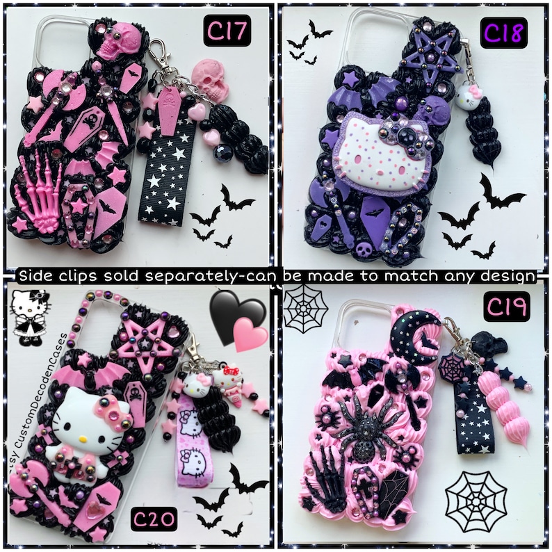 Peut inclure: Quatre &eacute;tuis de t&eacute;l&eacute;phone diff&eacute;rents d&eacute;cor&eacute;s dans un sch&eacute;ma de couleurs rose et noir. Chaque &eacute;tui pr&eacute;sente un personnage Hello Kitty, des chauves-souris, des &eacute;toiles et d'autres embellissements sur le th&egrave;me gothique. Les &eacute;tuis sont &eacute;tiquet&eacute;s C17, C18, C19 et C20.