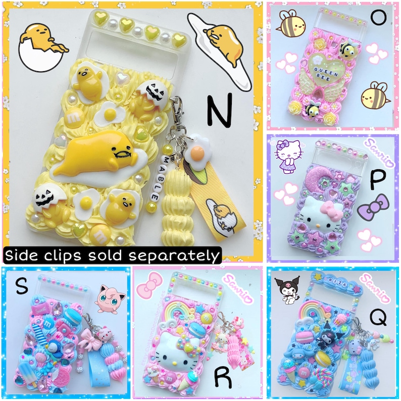 May include: A collection of 10 colorful phone cases decorated with various cartoon characters, including Hello Kitty, Gudetama, and Sanrio characters. Each case features a unique design with 3D embellishments, glitter, and charms. The cases are labeled with letters N, O, P, Q, R, and S.
