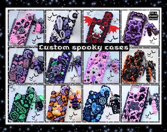 Custom Halloween phone case spooky black pink creepy cute kawaii kitty cat pastel goth decoden iPhone 16 15 14 13 apple Samsung cover