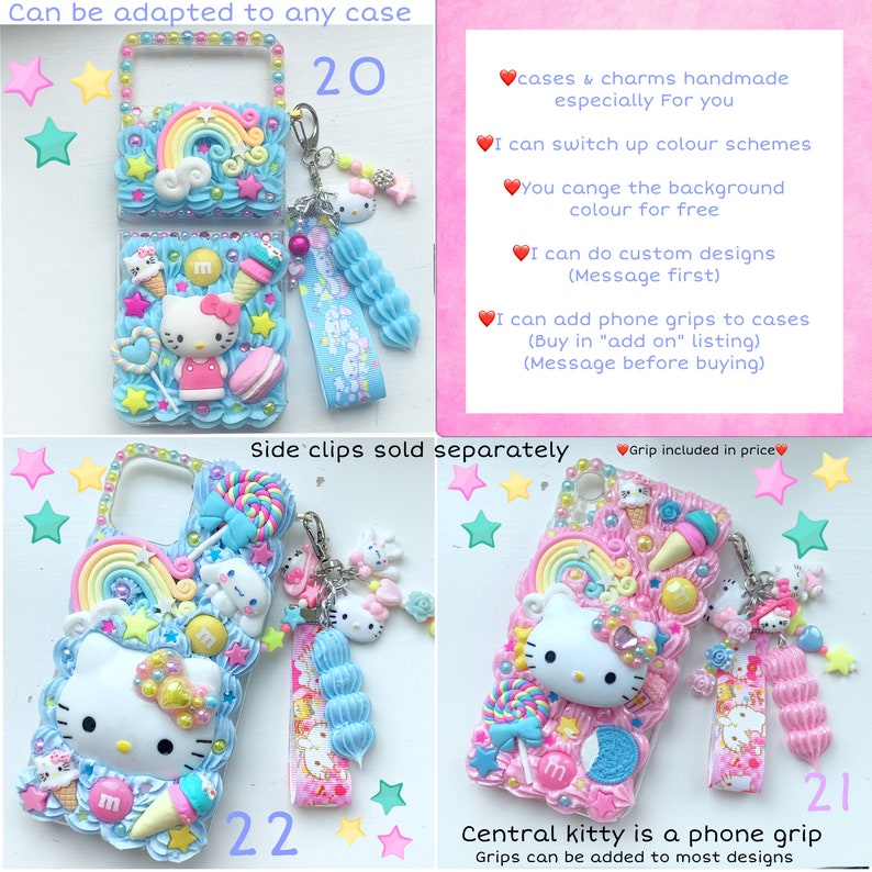 Może przedstawiać: Dwa etui na telefon ozdobione motywem Hello Kitty. Etui są niebieskie i r&oacute;żowe z tęczą, cukierkami i postaciami Hello Kitty. Etui są oznaczone numerami "20" i "21".