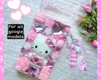 Custom google pixel phone case decoden kawaii cute kitty phone cover junk google 9 8 7 6 pro XL bling Y2K Decora pink rhinestone