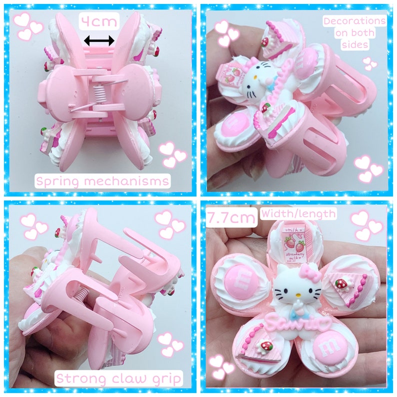 Może przedstawiać: R&oacute;żowa plastikowa spinka do włos&oacute;w z motywem Hello Kitty. Spinka jest ozdobiona białym lukrem, truskawkami i buźkami Hello Kitty. Spinka ma 7,7 cm długości i 4 cm szerokości.