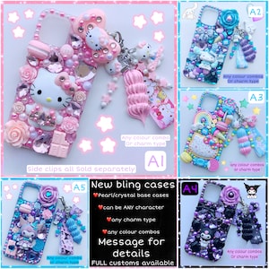 May include: Four different phone cases decorated with rhinestones, charms, and colorful designs. The cases feature Hello Kitty, My Melody, and other cartoon characters. The text "New bling cases" is written in pink on a white background. The text "Pearl/crystal base cases" is written in pink on a white background. The text "can be ANY character" is written in pink on a white background. The text "any charm type" is written in pink on a white background. The text "any colour combos" is written in pink on a white background. The text "Message for details" is written in pink on a white background. The text "FULL customs available" is written in pink on a white background.