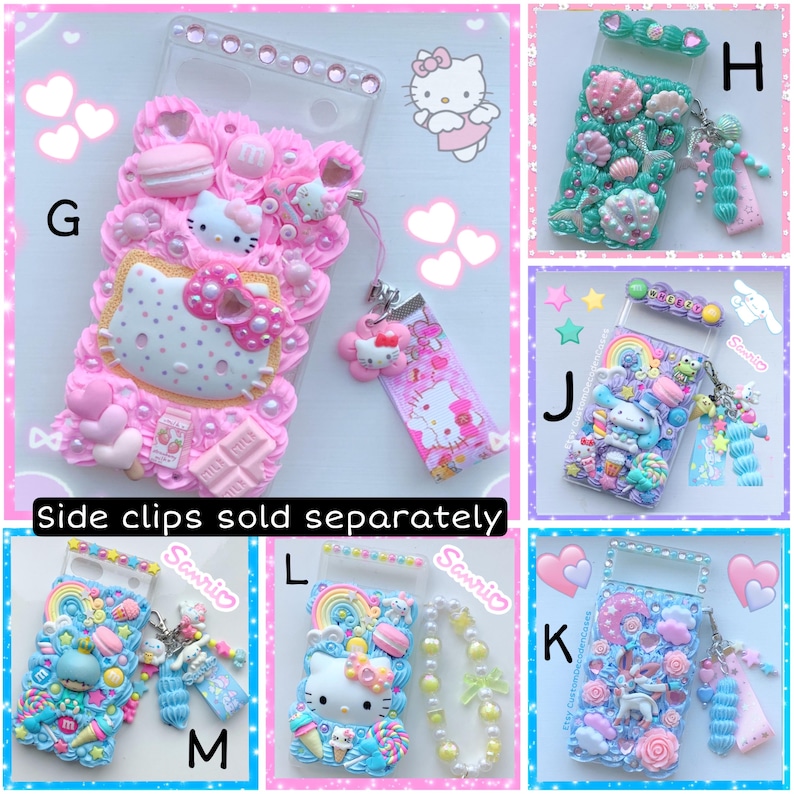May include: Ten different phone cases decorated with colorful 3D embellishments, including Hello Kitty characters, candy, and other cute designs. The cases are all clear and have a variety of colors and textures. The text "Side clips sold separately" is visible at the bottom of the image.