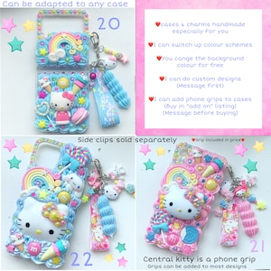 May include: Two phone cases decorated with a Hello Kitty theme. The cases are blue and pink with a rainbow, candy, and Hello Kitty characters. The cases are labeled "20" and "21".