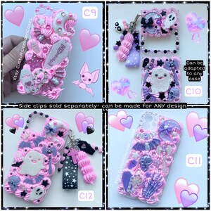 Peut inclure: Quatre &eacute;tuis de t&eacute;l&eacute;phone diff&eacute;rents d&eacute;cor&eacute;s dans un sch&eacute;ma de couleurs rose et violet. Les &eacute;tuis pr&eacute;sentent une vari&eacute;t&eacute; d'embellissements, notamment des chauves-souris, des &eacute;toiles, des c&oelig;urs et des fant&ocirc;mes. Le texte "EVIL" est visible sur l'un des &eacute;tuis. Le texte "Peut &ecirc;tre adapt&eacute; &agrave; n'importe quel &eacute;tui" est visible sur un autre &eacute;tui. Le texte "Clips lat&eacute;raux vendus s&eacute;par&eacute;ment - peuvent &ecirc;tre r&eacute;alis&eacute;s pour TOUT design" est visible en bas de l'image.