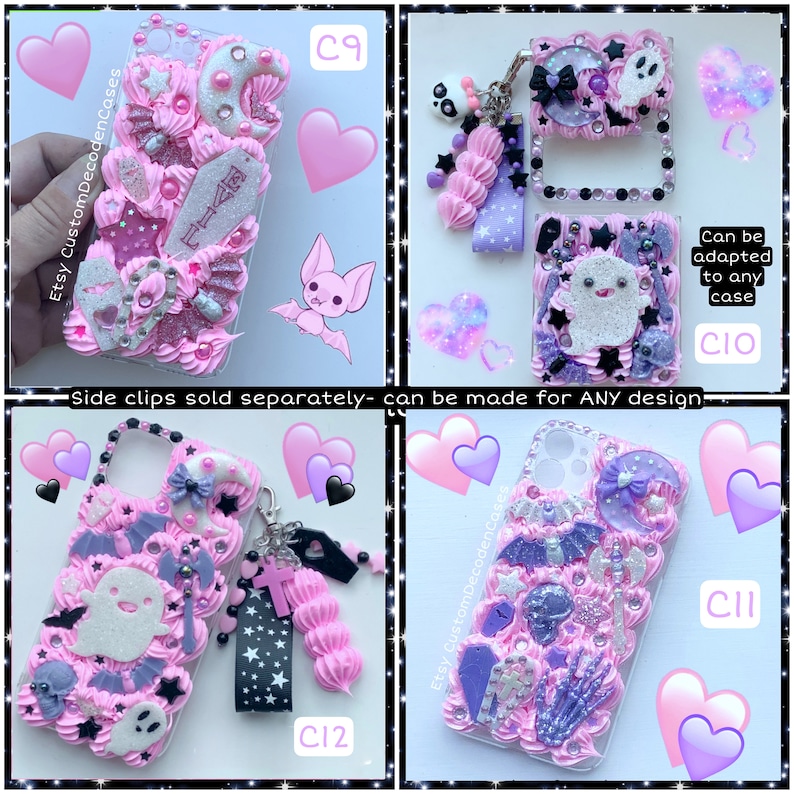 Peut inclure: Quatre &eacute;tuis de t&eacute;l&eacute;phone diff&eacute;rents d&eacute;cor&eacute;s dans un sch&eacute;ma de couleurs rose et violet. Les &eacute;tuis pr&eacute;sentent une vari&eacute;t&eacute; d'embellissements, notamment des chauves-souris, des &eacute;toiles, des c&oelig;urs et des fant&ocirc;mes. Le texte "EVIL" est visible sur l'un des &eacute;tuis. Le texte "Peut &ecirc;tre adapt&eacute; &agrave; n'importe quel &eacute;tui" est visible sur un autre &eacute;tui. Le texte "Clips lat&eacute;raux vendus s&eacute;par&eacute;ment - peuvent &ecirc;tre r&eacute;alis&eacute;s pour TOUT design" est visible en bas de l'image.