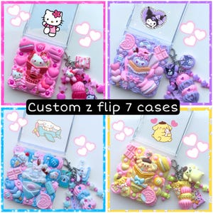 May include: Four custom Z Flip 7 phone cases, each decorated with a different cartoon character. The cases are adorned with various charms, hearts, and candies in pink, purple, blue, and yellow. The text "Custom z flip 7 cases" is displayed in a black box.