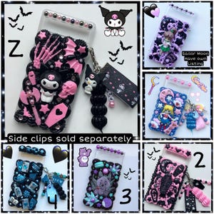 May include: A collage of nine images showcasing different phone case designs. Each case features a unique theme, including a black and pink gothic design, a blue and pink Sailor Moon design, a pink and black design with a skull, a blue and black design with a mermaid, a purple and pink design with a bear, and a pink and black design with a bat. The cases are all decorated with glitter, rhinestones, and charms. The text "Side clips sold separately" is visible at the bottom of the collage.