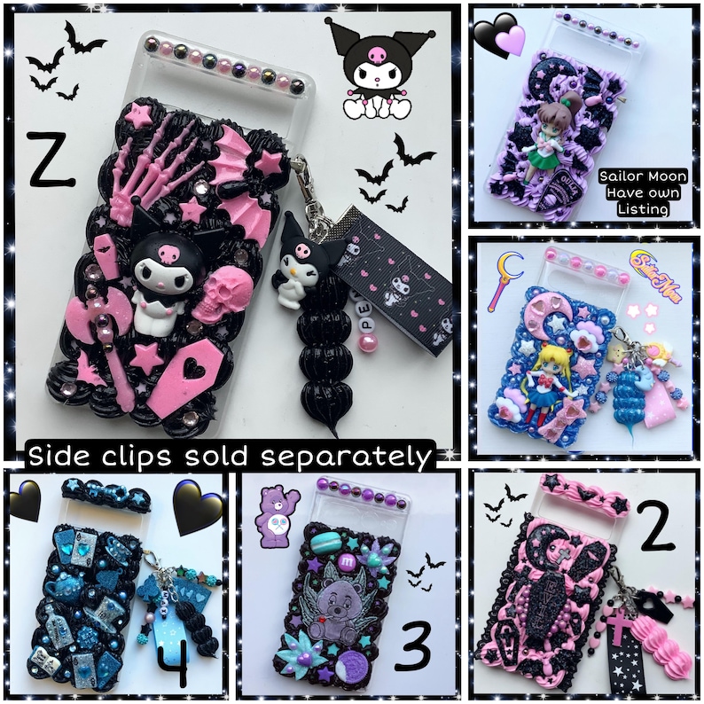 May include: A collage of nine images showcasing different phone case designs. Each case features a unique theme, including a black and pink gothic design, a blue and pink Sailor Moon design, a pink and black design with a skull, a blue and black design with a mermaid, a purple and pink design with a bear, and a pink and black design with a bat. The cases are all decorated with glitter, rhinestones, and charms. The text "Side clips sold separately" is visible at the bottom of the collage.