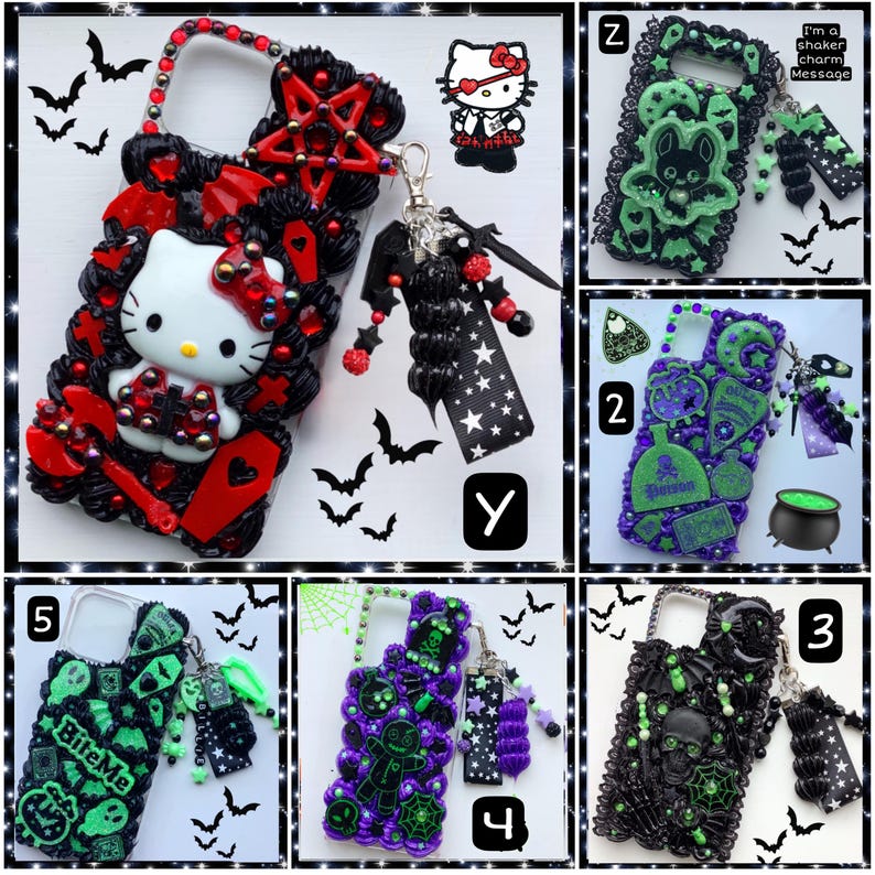 Peut inclure: Six &eacute;tuis de t&eacute;l&eacute;phone diff&eacute;rents d&eacute;cor&eacute;s sur le th&egrave;me d'Halloween. Les &eacute;tuis sont noirs, verts et rouges avec divers embellissements, notamment des paillettes, des breloques et des strass. Les &eacute;tuis pr&eacute;sentent des images de Hello Kitty, un cr&acirc;ne, un chaudron de sorci&egrave;re et une toile d'araign&eacute;e.