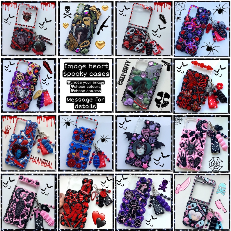 Peut inclure: Un collage de 12 images pr&eacute;sentant des coques de t&eacute;l&eacute;phone personnalis&eacute;es d&eacute;cor&eacute;es de diff&eacute;rents th&egrave;mes effrayants et gothiques. Chaque coque pr&eacute;sente un design diff&eacute;rent, notamment des cr&acirc;nes, des chauves-souris, des c&oelig;urs et d'autres &eacute;l&eacute;ments inspir&eacute;s d'Halloween. Les coques sont orn&eacute;es de strass, de breloques et d'autres embellissements.