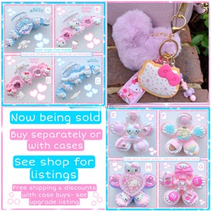 May include: A set of six Hello Kitty themed hair clips and keychains. The hair clips are double-sided and feature a variety of designs, including Hello Kitty, My Melody, and other Sanrio characters. The keychains are also double-sided and feature a Hello Kitty design. The text "Hair clips I've made" and "clips are double sided -identical on the back" is visible in the image.