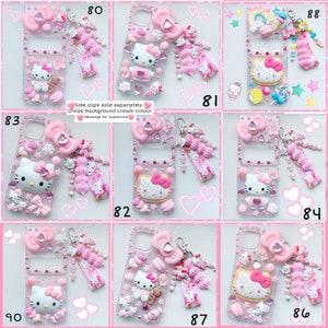 May include: Ten different phone cases decorated with Hello Kitty characters, pink hearts, and other cute embellishments. The cases are all clear and have a pink background. The text "Side clips sold separately Chose background cream colour Message for questions" is written on the image.