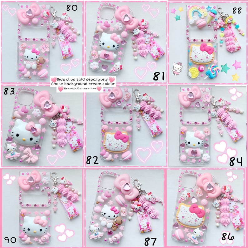 May include: Ten different phone cases decorated with Hello Kitty characters, pink hearts, and other cute embellishments. The cases are all clear and have a pink background. The text "Side clips sold separately Chose background cream colour Message for questions" is written on the image.