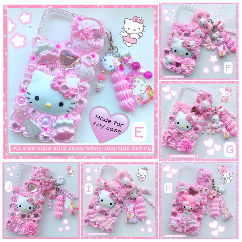 May include: A collection of 10 pink and white Hello Kitty phone cases with various embellishments, including rhinestones, bows, and charms. The cases are made for any phone and are sold separately. The text "Made for Any Case" and "All side clips sold separately-upgrade listing" is visible in the image.
