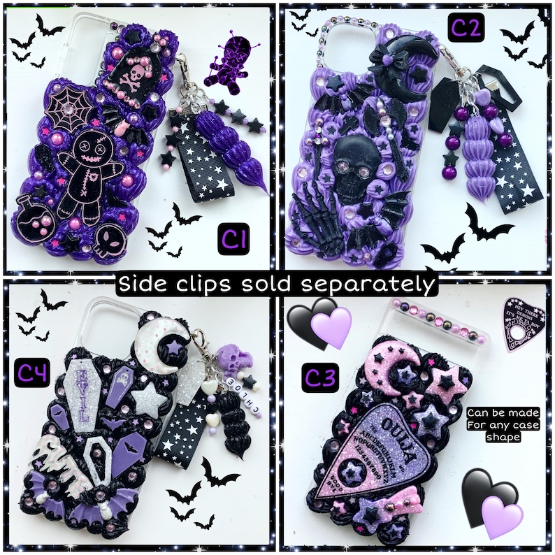 Peut inclure: Quatre &eacute;tuis de t&eacute;l&eacute;phone diff&eacute;rents sur le th&egrave;me gothique et effrayant. Chaque &eacute;tui pr&eacute;sente un design diff&eacute;rent avec des accents noirs, violets et roses. Les motifs comprennent un poupon vaudou, un cr&acirc;ne, un plateau de Ouija et un cercueil. Les &eacute;tuis sont d&eacute;cor&eacute;s de paillettes, de strass et de breloques.