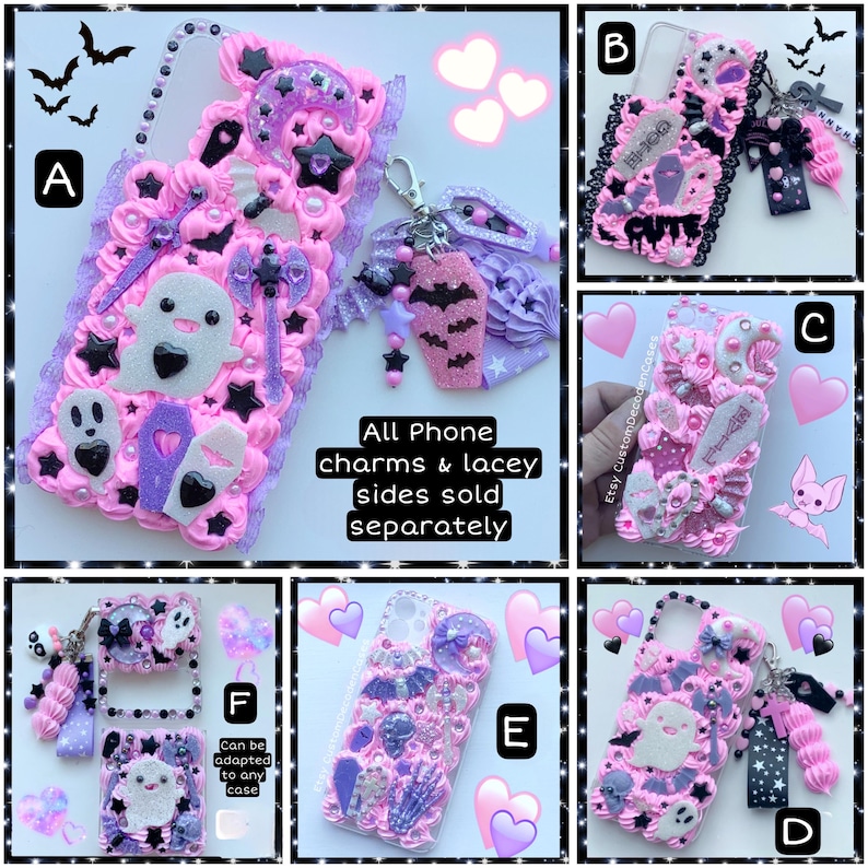 Peut inclure: Six &eacute;tuis de t&eacute;l&eacute;phone diff&eacute;rents d&eacute;cor&eacute;s dans un sch&eacute;ma de couleurs rose et violet. Les &eacute;tuis pr&eacute;sentent une vari&eacute;t&eacute; de charmes effrayants et mignons, y compris des fant&ocirc;mes, des chauves-souris et des cercueils. Le texte "CUTE" est visible sur l'un des &eacute;tuis. Tous les charmes de t&eacute;l&eacute;phone et les c&ocirc;t&eacute;s en dentelle sont vendus s&eacute;par&eacute;ment.