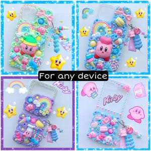 Kirby phone case custom Decoden phone case kawaii cute pink anime cartoon candy Samsung z flip 6 phone cover charm wrist strap iPhone 16 15