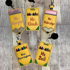 Personalized Crayon ID Badge Holder - Pencil Employee ID Holder - Teacher Gift - Custom Badge Reel - Gift Card Holder - Lanyard - Bag Tag