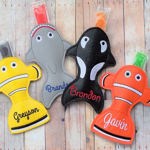 Personalized Popsicle Holder, Shark Popsicle Sleeve, Orca, Orange Fish, Machine Embroidered, Otter Pop Holder, Birthday, Party Gift, Favor