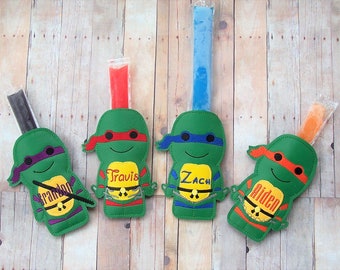Personalized Popsicle Holder, Mask Turtle Popsicle Sleeve, Marine Vinyl, Machine Embroidered, Otter Pop Holder, Birthday, Party Gift, Favor
