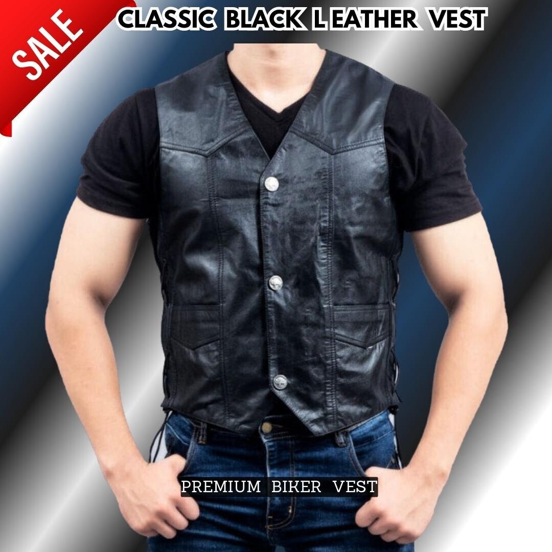 Black Leather Vest Handmade Men's Classic Biker Vest Etsy