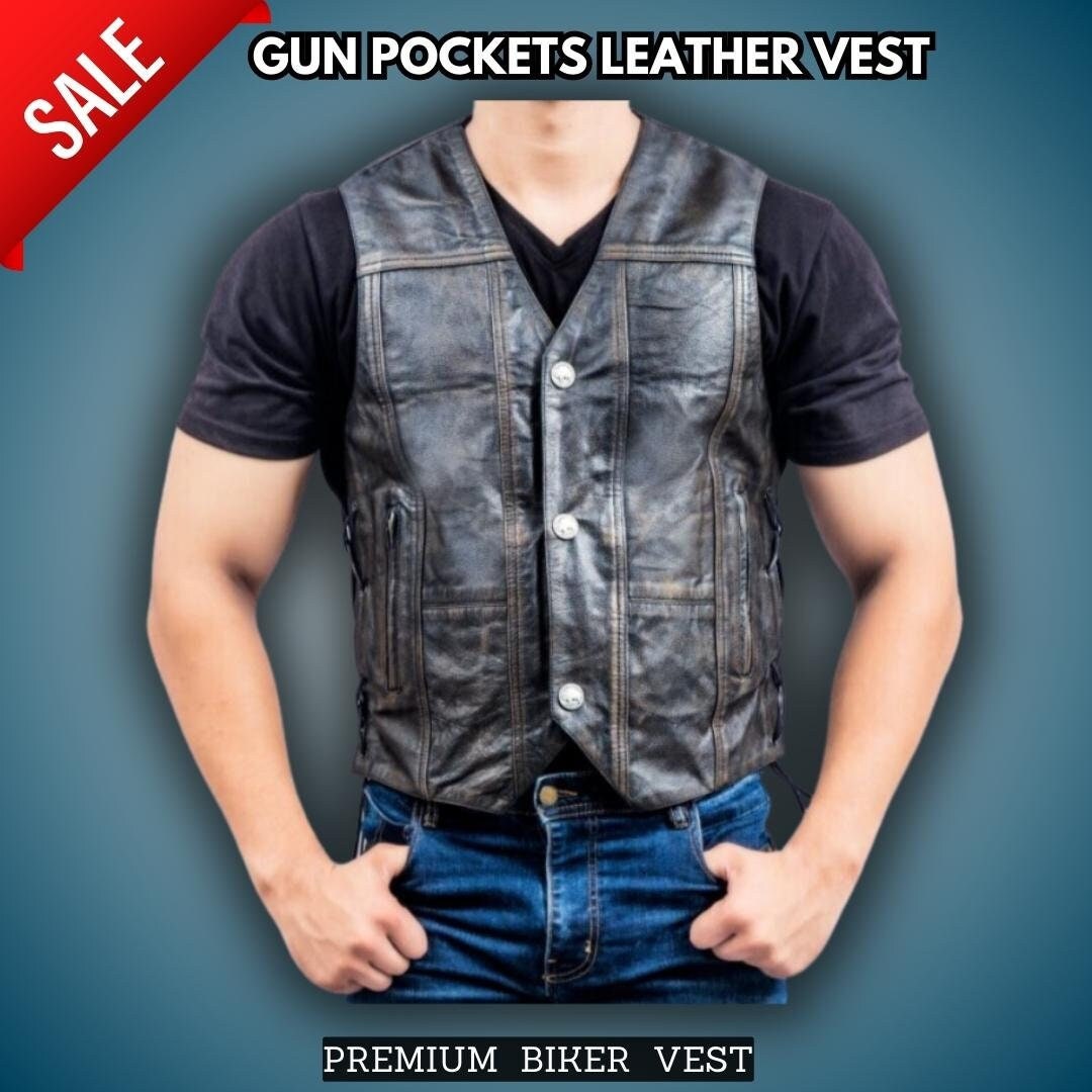 Mens Vintage Leather Vest With Gun Pockets Handmade Etsy
