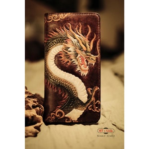 Cartera larga hecha a medida con dragón tallado, cartera larga tallada de dragón de cuero genuino, cartera larga tallada de dragón, cartera grabada de dragón