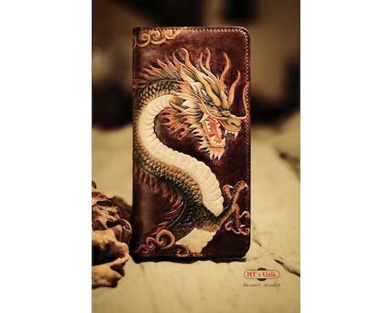 Custom Made Long Wallet with Dragon Carved, Genuine Leather Dragon Carving Long Wallet, Carving Dragon Long Wallet, Dragon Engraved Wallet