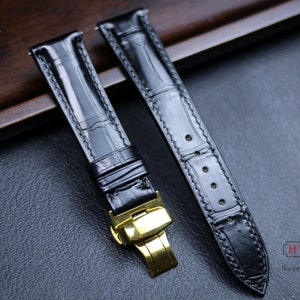 Genuine Black Alligator Watch Band 24mm 22mm 21mm 20mm 19mm 18mm 16mm Alligator Strap. Alligator Strap with Deployant Clasp Zermatt lining