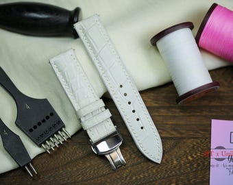 White Alligator Leather Watch Strap 24mm 22mm 21mm 20mm White Alligator Band 19mm 18mm 16mm Women Men Watch Band Zermatt lining Custom size