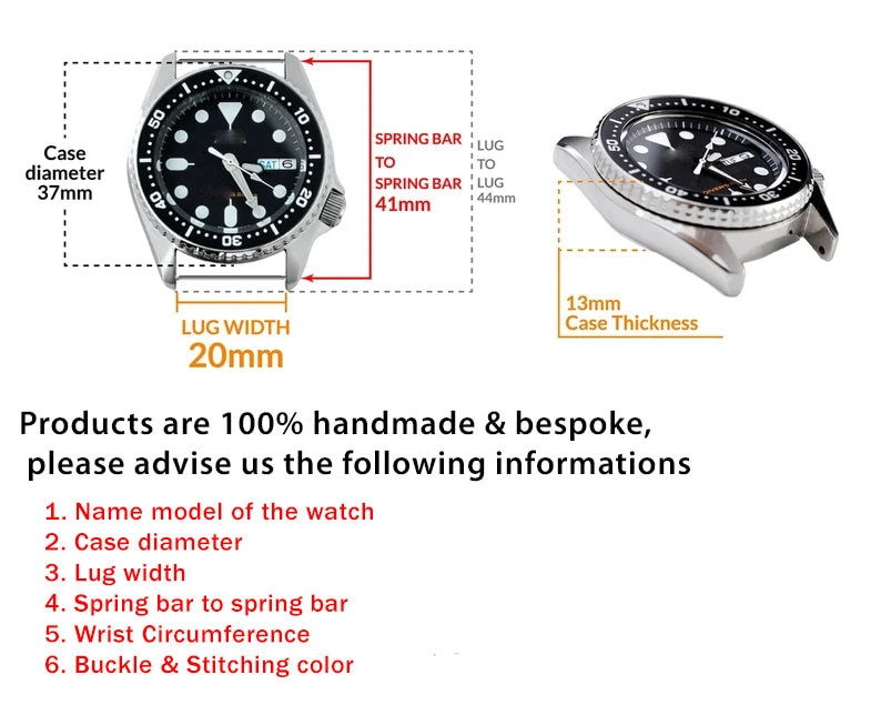 May include: A silver watch with a black face and silver hands. The watch has a black bezel with white markings. The watch is 37 mm in diameter and has a 20 mm lug width. The watch is 13 mm thick. The watch is 41 mm from spring bar to spring bar.