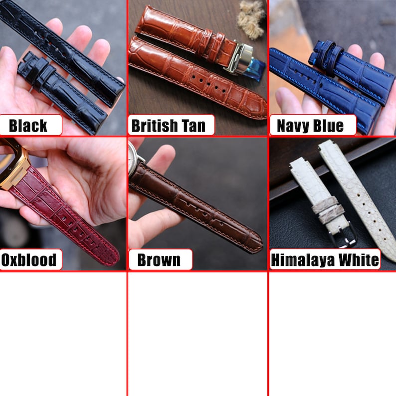May include: Six different watch straps in various colors, including black, British tan, navy blue, oxblood, brown, and Himalaya white. The straps are made of leather and have a crocodile pattern.