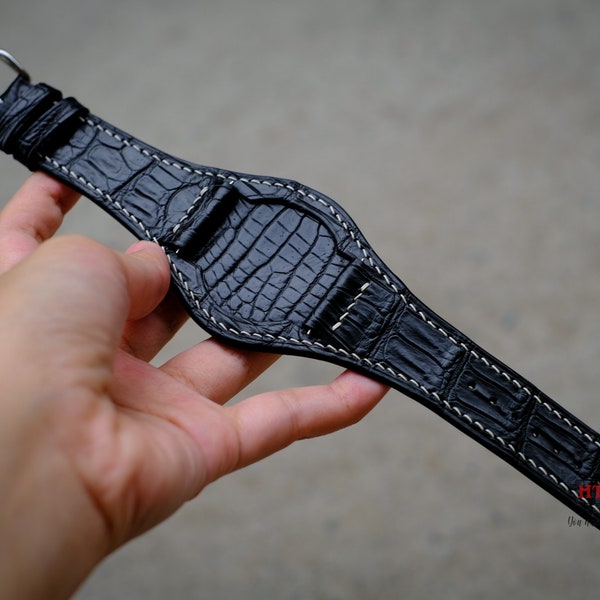 Bracelet en cuir d'alligator Bund, bracelet de montre Bund 16 mm 18 mm 20 mm 22 mm 24 mm, bracelet de montre en alligator doublure Zermatt, bracelet manchette