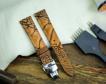 Waxy Brown Ostrich Foot Leather Watch Strap 24mm 22mm 21mm 20mm Waxy Brown Ostrich Leg Leather Band 19mm 18mm 16m Custom size Zermatt lining