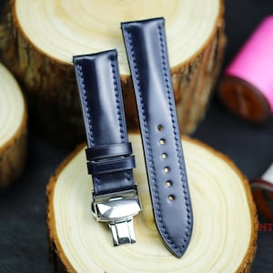 Correa de reloj Navy Shell Cordovan de 24 mm, 22 mm, 21 mm y 20 mm. Correa de cuero azul oscuro de lujo, hecha a mano, para hombre y mujer. Tamaños personalizados disponibles: 19 mm, 18 mm y 16 mm.