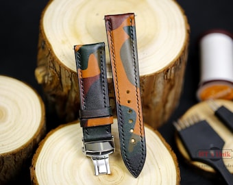 Camo Brown Leather Watch Strap 24mm 22mm 21mm 20mm Custom Size Leather Band 19mm 18mm 16mm Zermatt Lining Gift Men Women Personalize Strap