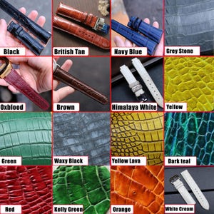 May include: A collection of 16 different colored watch straps made of alligator leather. The straps are arranged in a grid pattern with the color names listed below each strap.