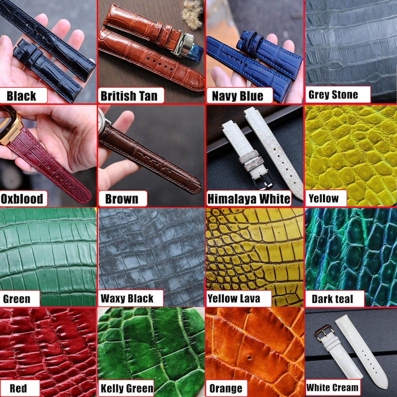 May include: A collection of 16 different colored watch straps made of alligator leather. The straps are arranged in a grid pattern with the color names listed below each strap.