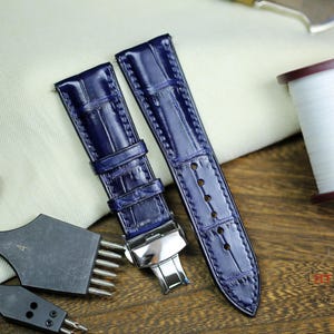 Navy Blue Alligator Leather Watch Strap 24mm 22mm 21mm 20mm Alligator Band 19mm 18mm 16mm Handmade Leather Watch Band Deployant Clasp Custom