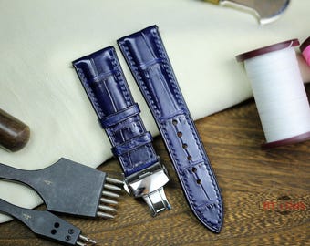 Correa de reloj de piel de cocodrilo azul marino de 24 mm, 22 mm, 21 mm y 20 mm Correa de piel de cocodrilo de 19 mm, 18 mm y 16 mm Correa de reloj de piel hecha a mano Cierre desplegable Personalizado