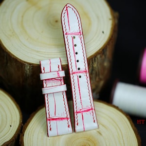 White Red Alligator Leather Watch Strap 24mm 22mm 21mm 20mm White mix Red Genuine Alligator Band 19mm 18mm 16mm Custom size Alligator Strap