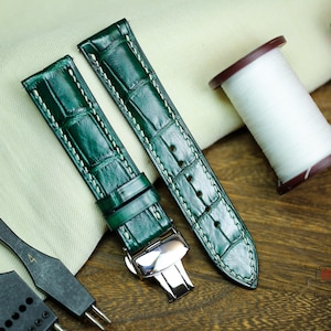 Green Alligator Leather Watch Strap 24mm 22mm 21mm 20mm Green Alligator Band 19mm 18mm 16mm Women Men Watch Band Zermatt lining Custom size