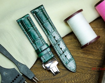 Green Alligator Leather Watch Strap 24mm 22mm 21mm 20mm Green Alligator Band 19mm 18mm 16mm Women Men Watch Band Zermatt lining Custom size